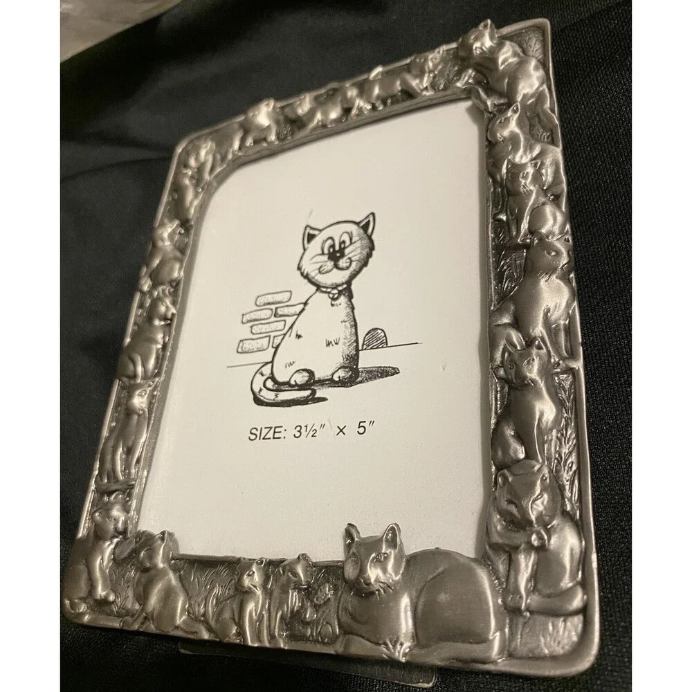 Vintage Pewter Metal Cat Picture Photo Frame Family Of Cats Kittens Playing Cute